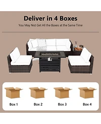 Gymax 7PCS Patio Rattan Furniture Set 42'' Fire Pit Table w/ Cover Cushioned