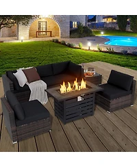 Gymax 7PCS Patio Rattan Furniture Set 42'' Fire Pit Table w/ Cover Cushioned