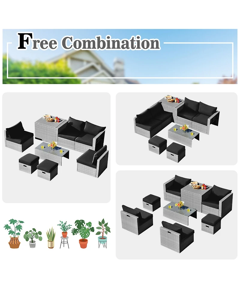 Gymax 8PCS Rattan Patio Space-Saving Furniture Set w/ Waterproof Cover & Cushions