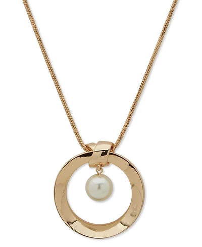 Anne Klein Gold-Tone Imitation Pearl Orbital Circle Long Pendant Necklace, 32" + 3" extender