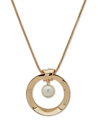 Anne Klein Gold-Tone Imitation Pearl Orbital Circle Long Pendant Necklace, 32" + 3" extender