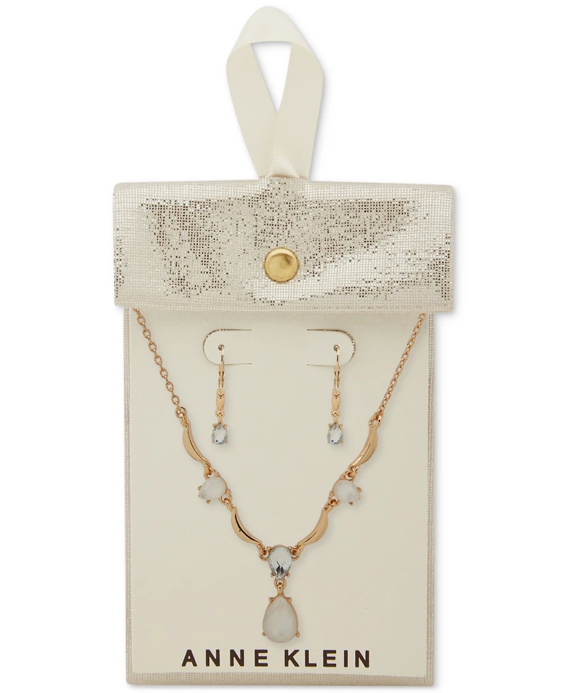 Anne Klein Gold-Tone Mixed Stone Lariat Necklace & Drop Earrings Set