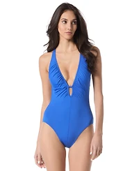 Vince Camuto Women's Printed Shirred Plunge One-Piece Swimsuit