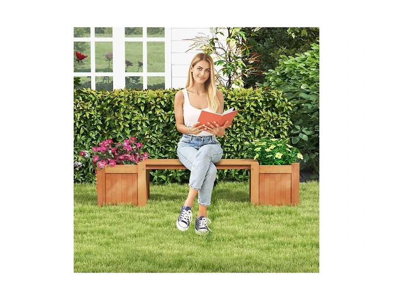 Farmhouse Durable Outdoor Wooden Planter Box with Garden Bench