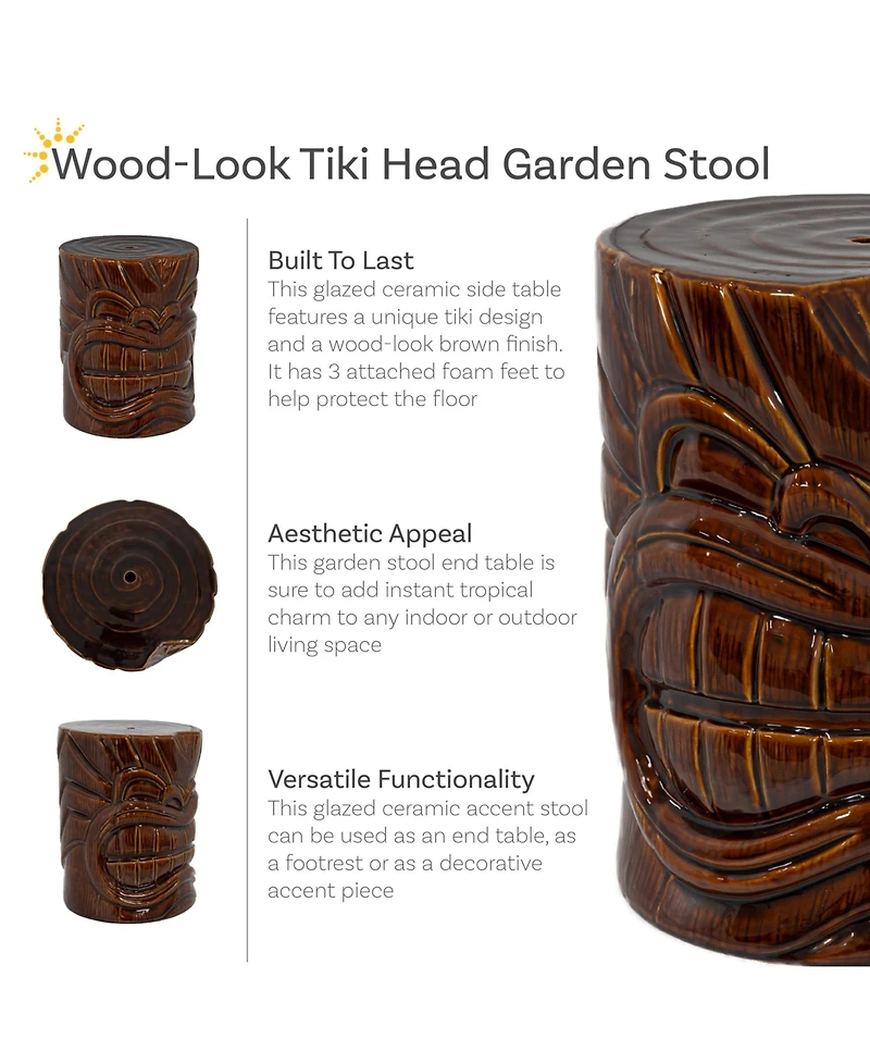 Tropical Wood-Look Tiki Head Decorative Ceramic Garden Stool - 17"