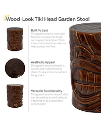 Tropical Wood-Look Tiki Head Decorative Ceramic Garden Stool - 17"