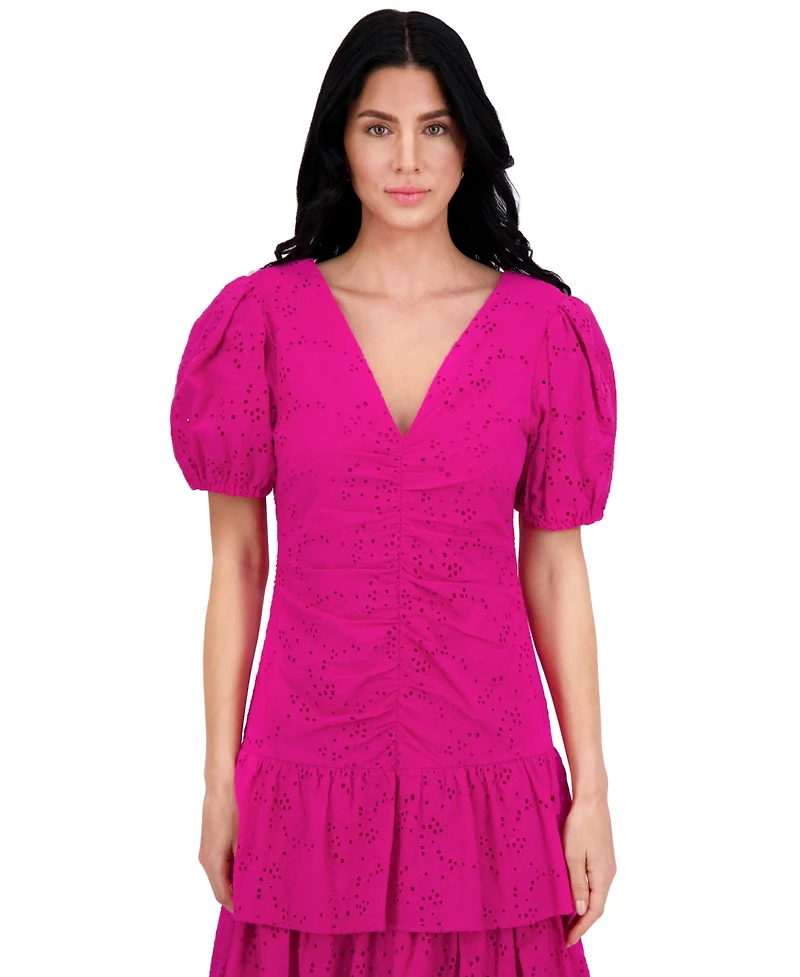 kensie Women's Emboridered Layered Puff-Sleeve Maxi Dress