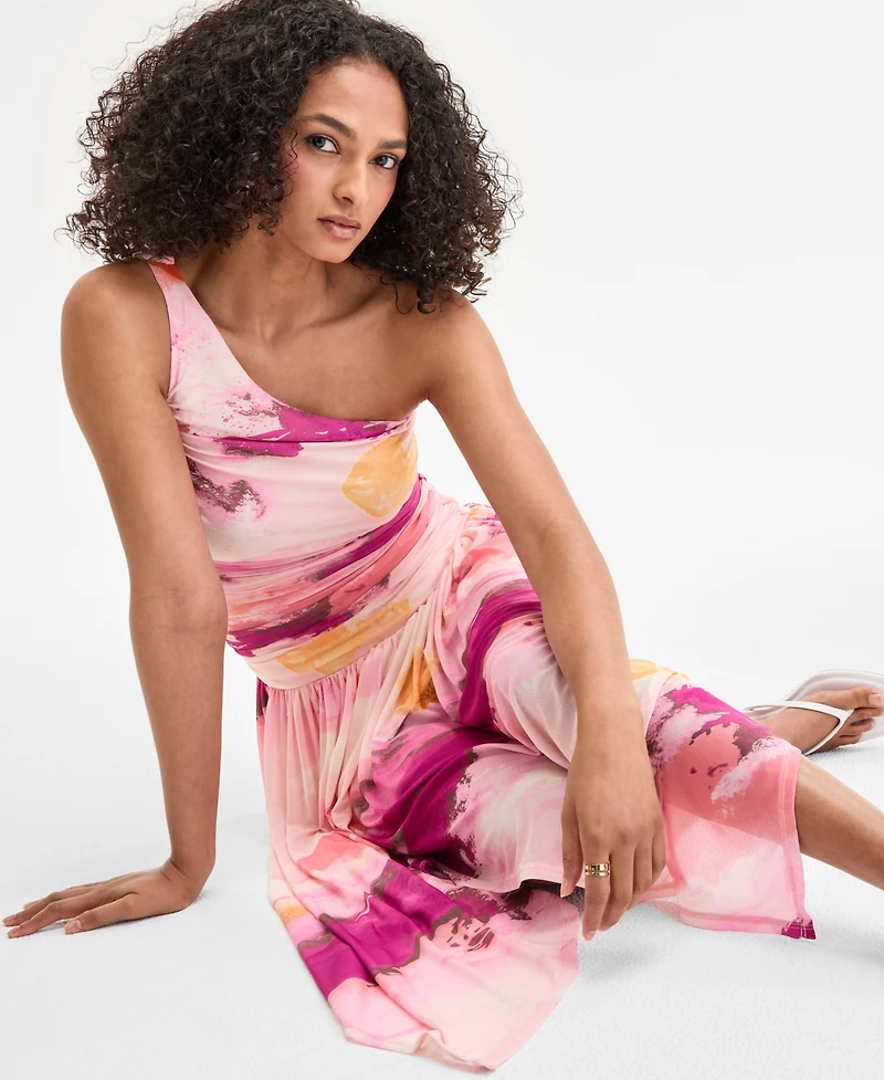 Bar Iii Women's Printed Mesh One-Shoulder Dress, Exclusively at Macy's