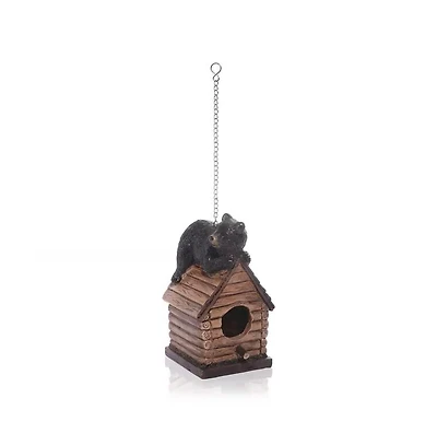 Outdoor Polyresin A-Frame Birdhouse with Bear Figurine and Wood Finish for Gardens