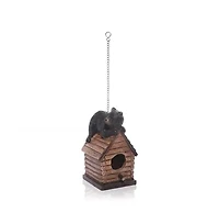 Outdoor Polyresin A-Frame Birdhouse with Bear Figurine and Wood Finish for Gardens