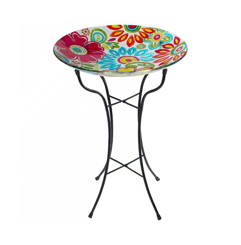 Painted Glass Outdoor Bird Bath with Stand for Garden Decoration