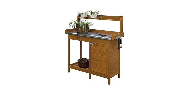Outdoor Home Garden Potting Bench with Metal Table Top and Storage Cabinet