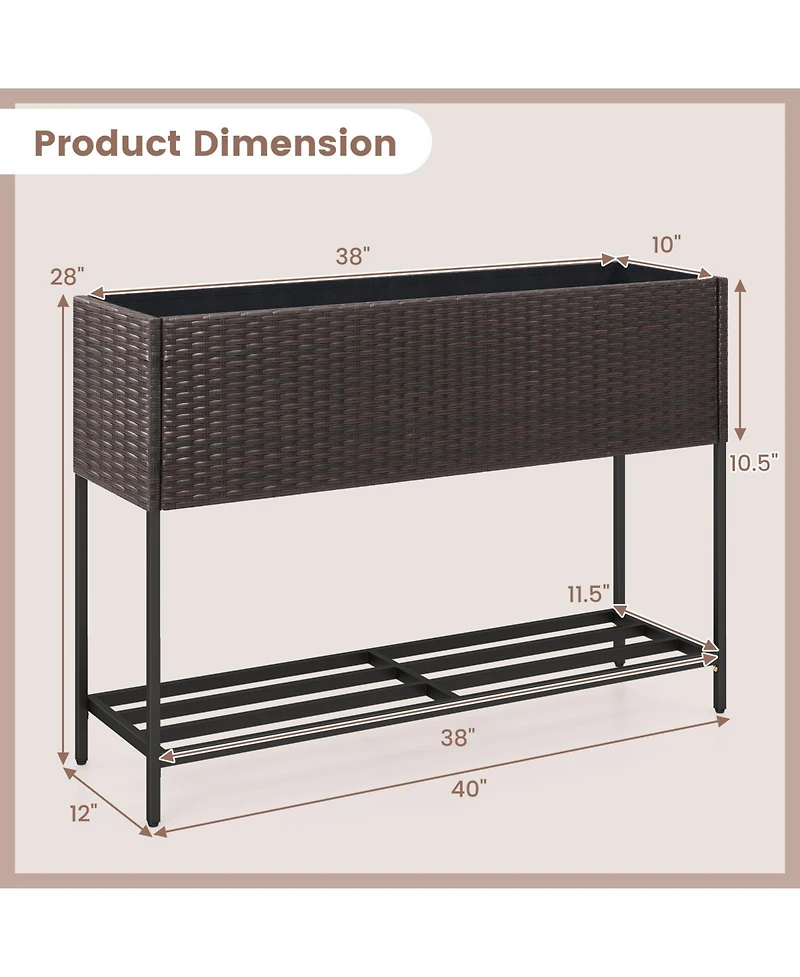 Wicker Raised Garden Bed with Storage Shelf and Drainage Gaps for Flowers