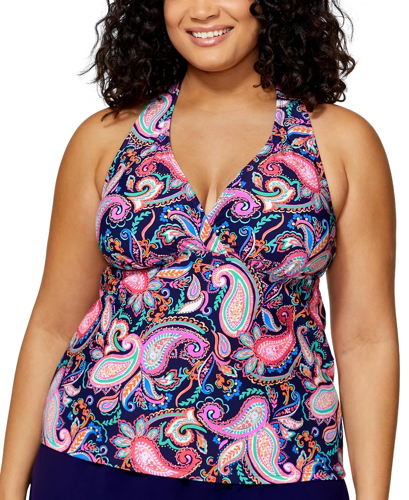 Island Escape Plus Paisley-Print H-Back Tankini Top, Exclusively at Macy's