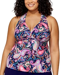 Island Escape Plus Paisley-Print H-Back Tankini Top, Exclusively at Macy's