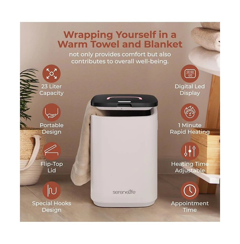 SereneLife Towel Warmer Bucket, 23L, Adjustable Timer, Auto Shut-Off, Black