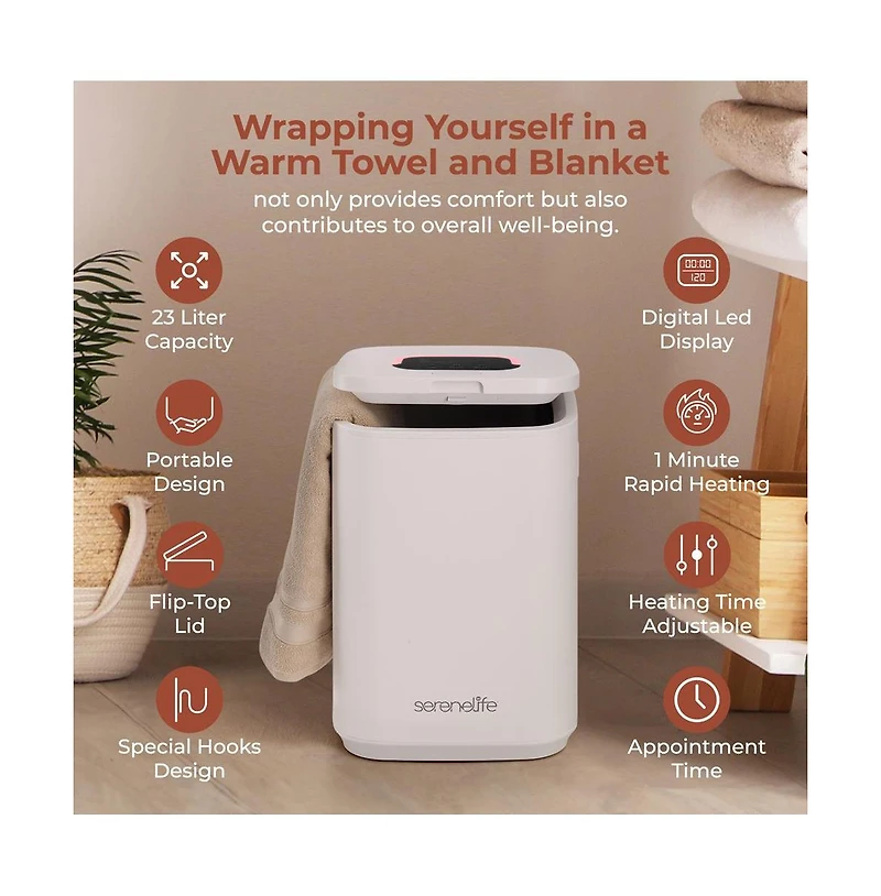 SereneLife Towel Warmer Bucket, 23L, Adjustable Timer, Auto Shut-Off, White