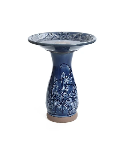 LuxenHome Blue Petals and Vines 22-Inch Tall Ceramic Birdbath