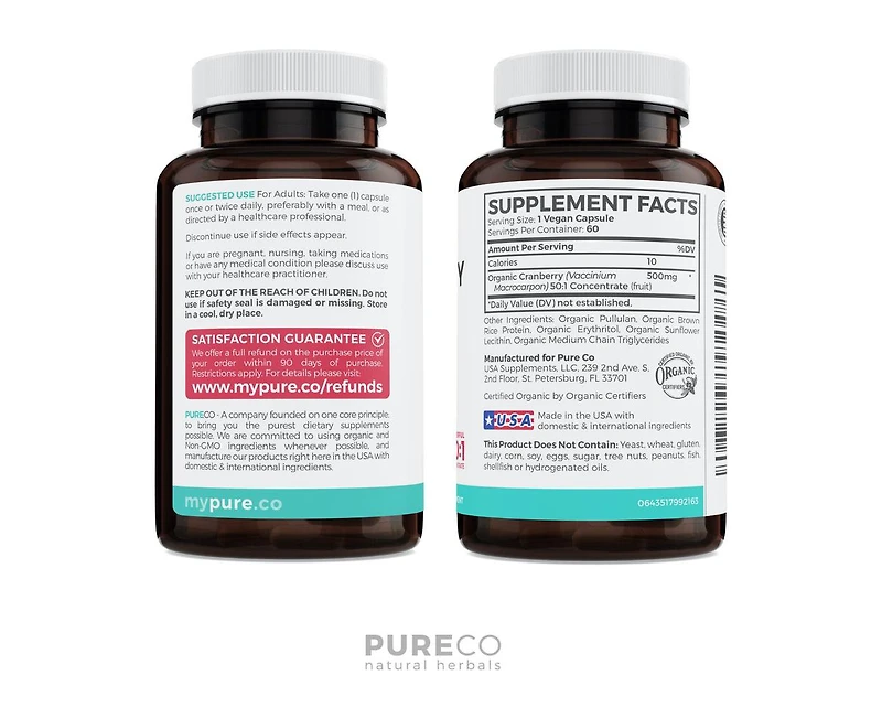 Pure Co Cranberry Concentrate Capsules, Urinary Tract Support and Kidney Cleanse, 60ct