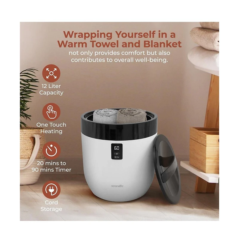 SereneLife Bucket Towel Warmer, 12L, Adjustable Timer, Auto Shut-Off, Black