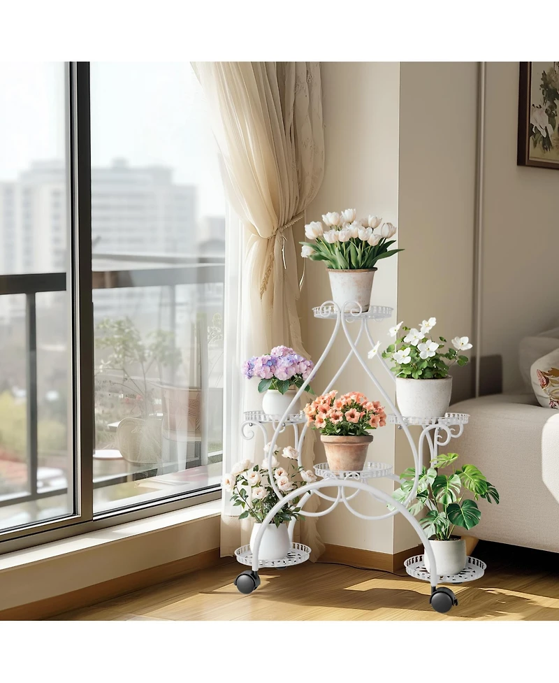 Unho 6 Potted White Metal Plant Stand Wrought Iron Flower Rack Holder with Wheels