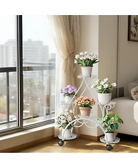 Unho 6 Potted White Metal Plant Stand Wrought Iron Flower Rack Holder with Wheels