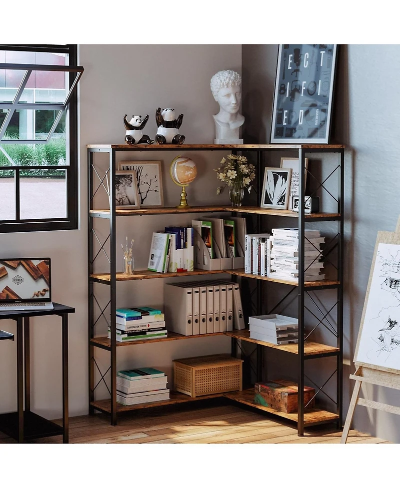 5-Shelf Corner Bookcase, Vintage Industrial Corner Bookshelf Etagere