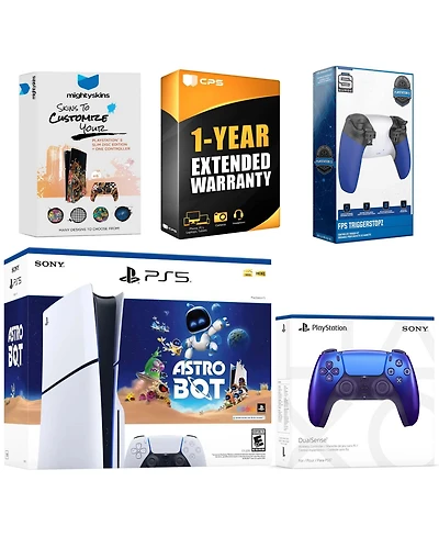 Sony PlayStation 5 Slim Disc Astro Bot Bundle with Extra Chroma Indigo Controller, Trigger Stop Kit, MightySkins Code and 1 Year Extended Warranty