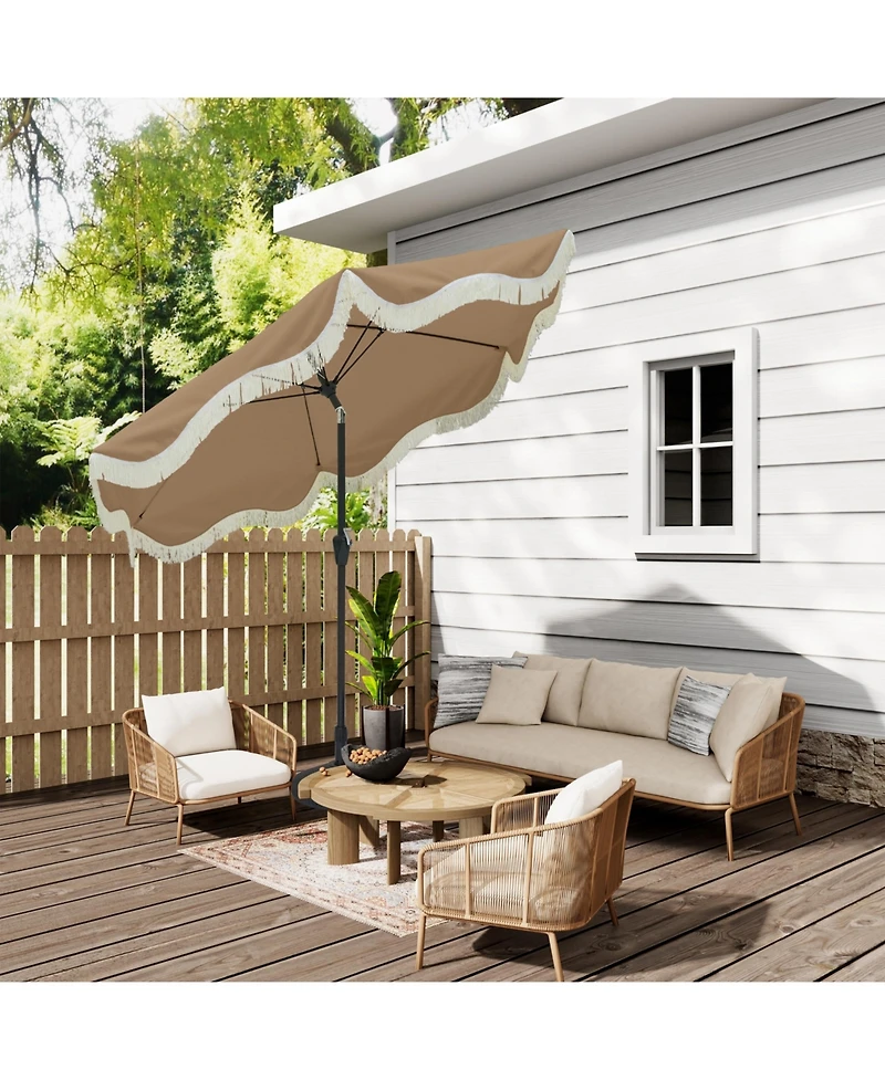 Mondawe 9 Ft Fashionable Boho Vintage Tassels Print Patio Umbrella with Push Button Tilt Pole