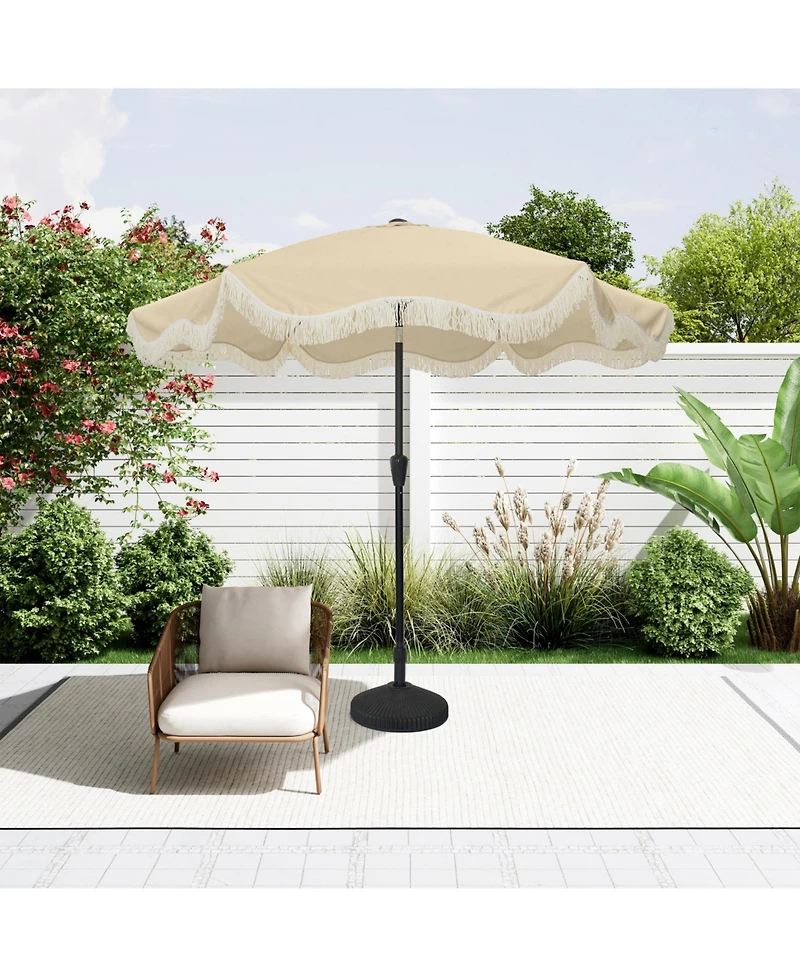 Mondawe 9 Ft Fashionable Boho Vintage Tassels Print Patio Umbrella with Push Button Tilt Pole