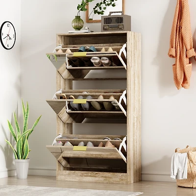 Wooden 3-door natural shoe cabinet,Mirror door panel, multi-purpose shoe rack with metal handles