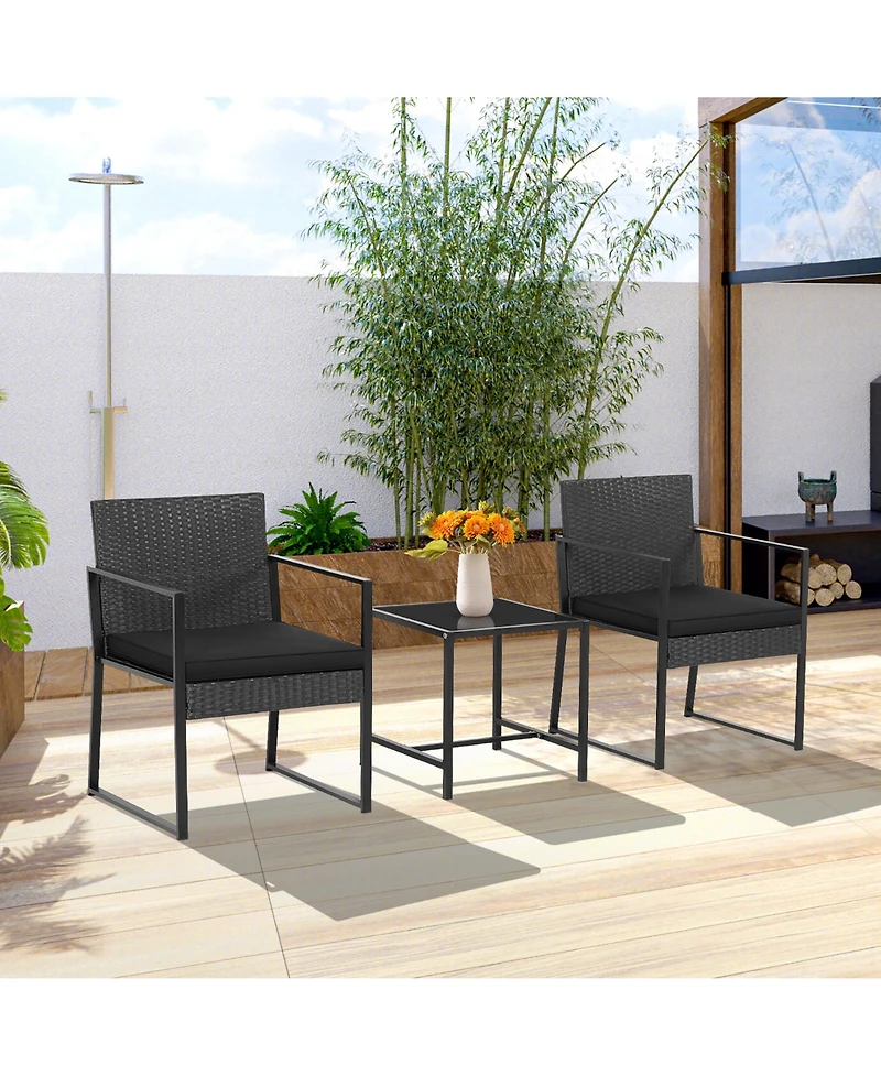 Gymax 3PCS Patio Rattan Pe Wicker Bistro Set Outdoor Furniture Set w/ Table & Cushion