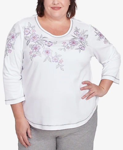 Alfred Dunner Plus Crystal Springs Embroidered Flower Crew Neck Top