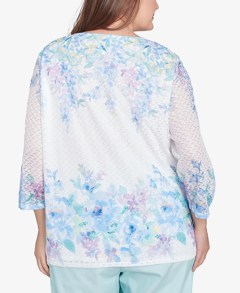 Alfred Dunner Plus St. Thomas Textured Sky Blue Floral Border Top