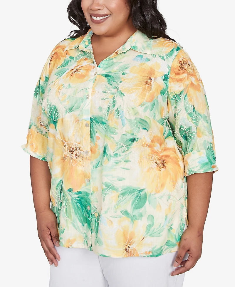 Alfred Dunner Plus Rise and Shine Watercolor Floral Tie Sleeve Button Down Top