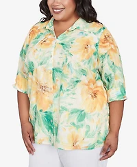 Alfred Dunner Plus Rise and Shine Watercolor Floral Tie Sleeve Button Down Top
