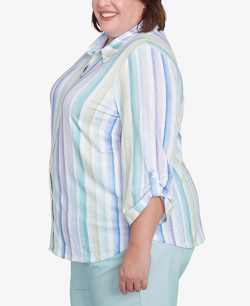 Alfred Dunner Plus St. Thomas Island Mint Stripe Knit Button Front Top