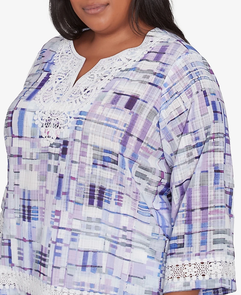 Alfred Dunner Plus Crystal Springs Watercolor Plaid Lace Neck Top