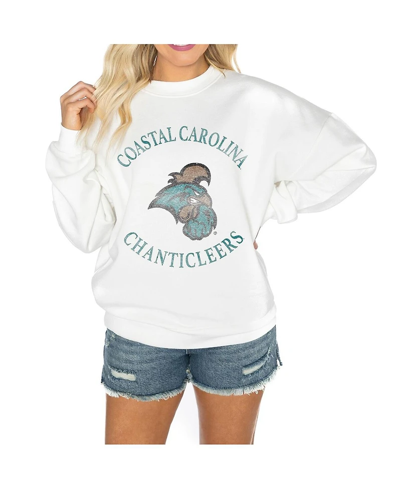 Gameday Couture Women's White Coastal Carolina Chanticleers Good Vibes Premium Fleece Drop Shoulder Pullover Sweatshirt