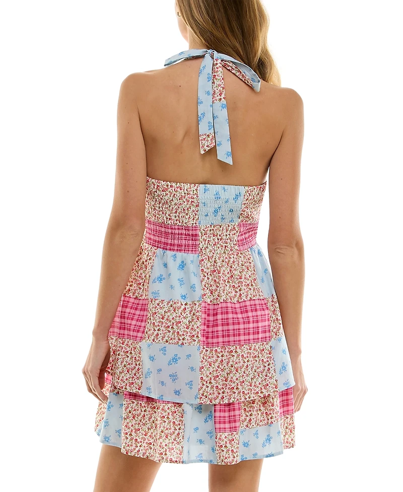 Juniors' Patchwork Halter Mini Dress