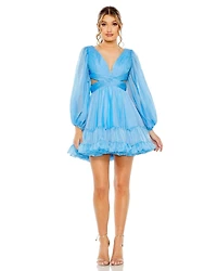 Mac Duggal Women's Long Sleeve Chiffon Cut Out Mini Dress