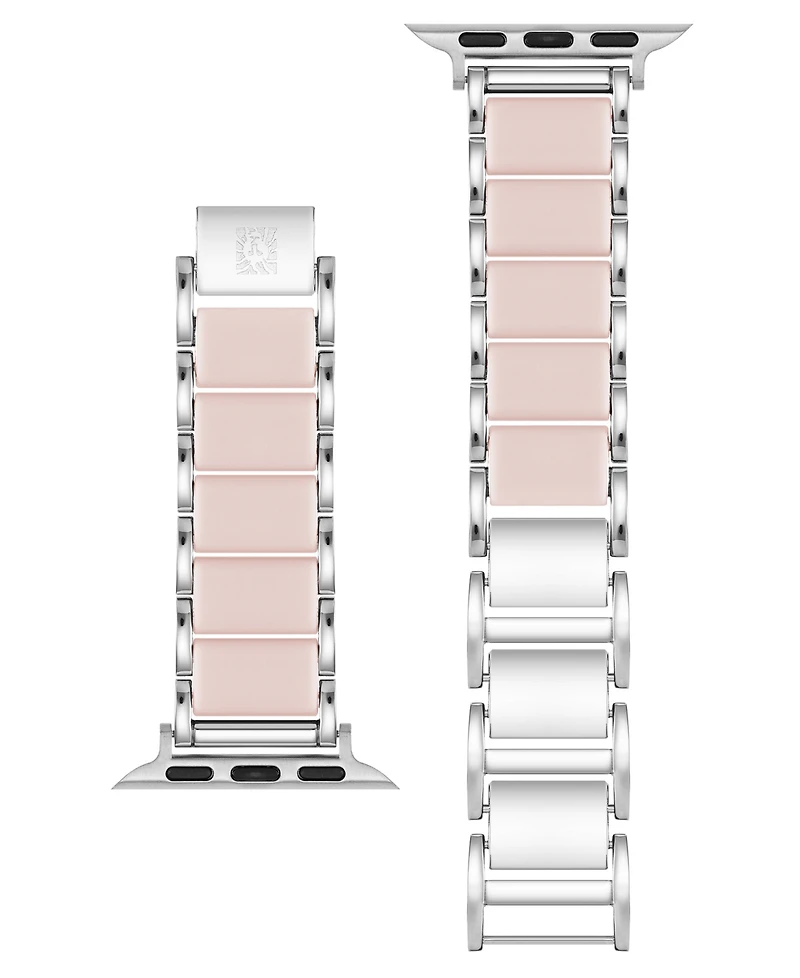 Anne Klein Women's Pink Rubberized Link with Silver-Tone Alloy Metal Band for Apple Watch 44/45/46/49mm