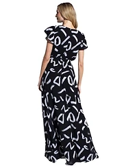 HotSquash London Women's Abstract Print Chiffon Faux Wrap Maxi Dress