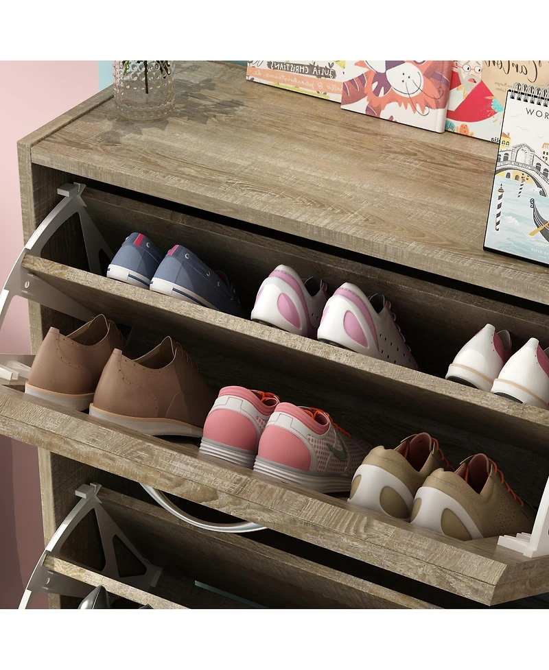 Wooden 3-door natural shoe cabinet, shutter door drawers, multi-purpose shoe rack with adjustable shelves