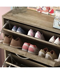 Wooden 3-door natural shoe cabinet, shutter door drawers, multi-purpose shoe rack with adjustable shelves