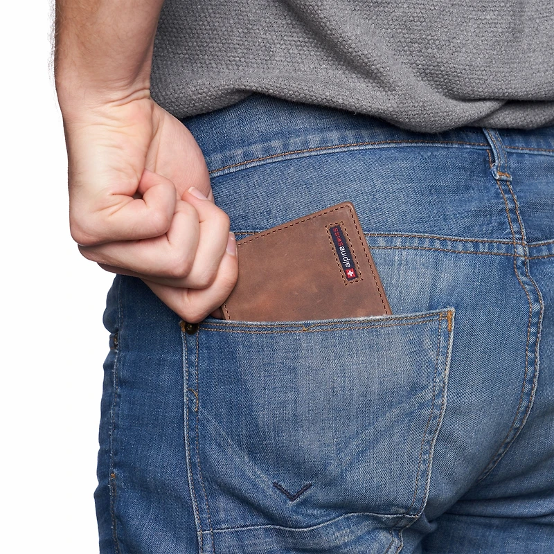 Alpine Swiss Mens Genuine Leather Rfid Safe Bifold Wallet Passcase 2 Id Windows