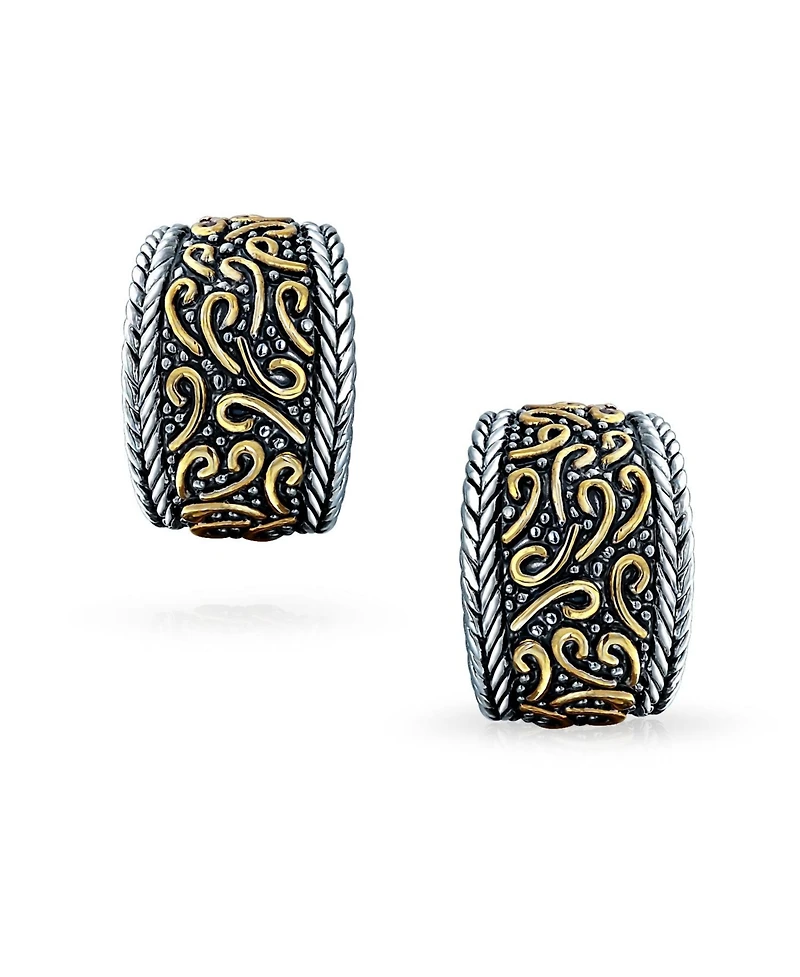 Bling Jewelry Bali Style Swirl Two Tone Wide Half Hoop Clip On Earrings Non Pierced Ears Black Oxidized Sliver Gold Plated Brass