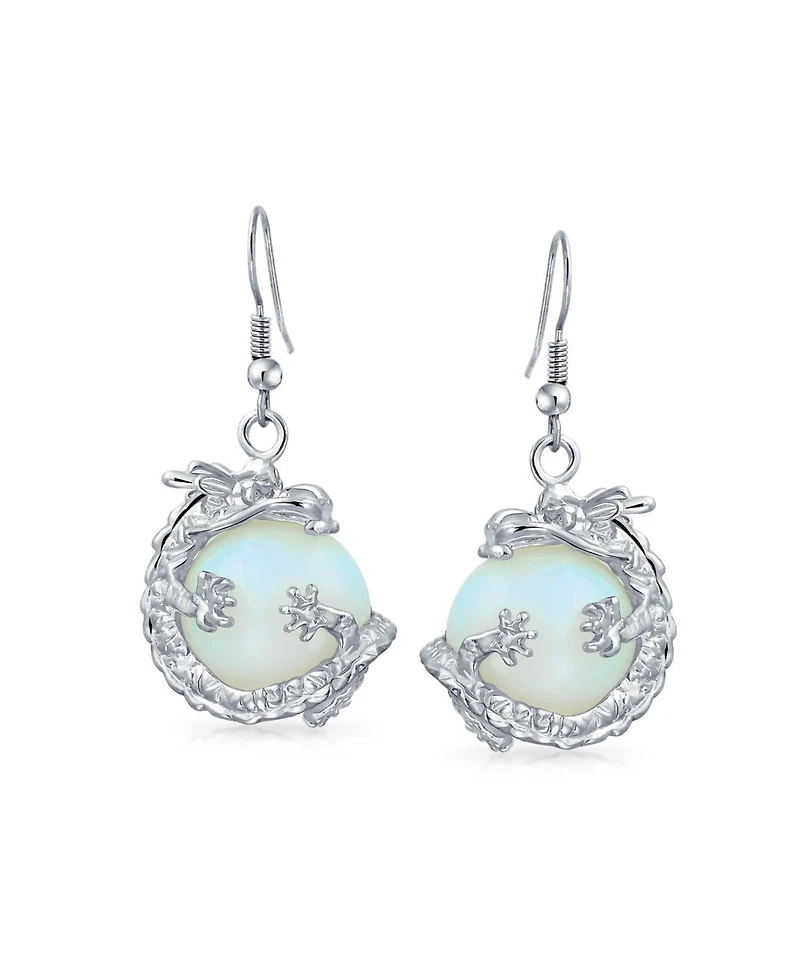 Bling Jewelry Rainbow Dangle Natural Stones Earrings with Opalite Round Ball and Dragon Design