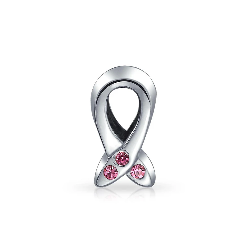 Bling Jewelry Empowering Pink Ribbon Breast Cancer Survivor 3 Cz Cubic Zirconia Charm Bead .925 Sterling Silver