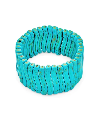 Bling Jewelry Fashion Trendy Boho Wave Beads Blue Wide Flat Compressed Blue Turquoise Stretch Bracelet Western Jewelry Adjustable